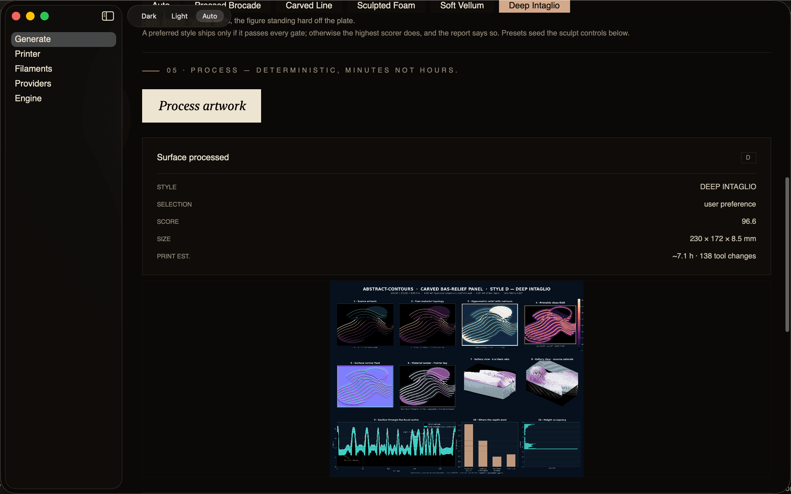 Topoform on a Mac after processing abstract contour artwork into a carved bas-relief panel: style, score, size, and print estimate above the result contact sheet